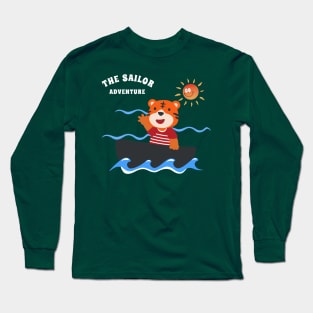 Funny tiger sailor cartoon vector on little boat Long Sleeve T-Shirt